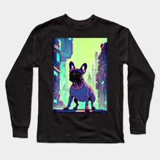 Anime French Bulldog In Futuristic City Long Sleeve T-Shirt